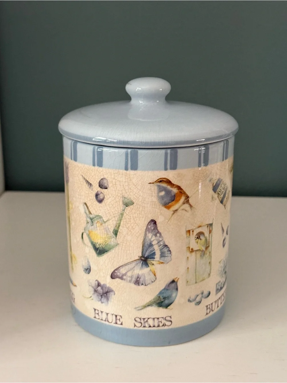 Vintage 1990s Hallmark Marjolein Bastin Ceramic Canister Blue Skies